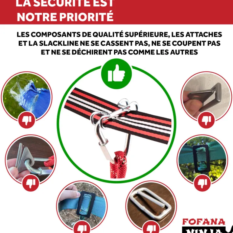 Fofana Ninja line pour enfant - Slackline + 11 Obstacles
